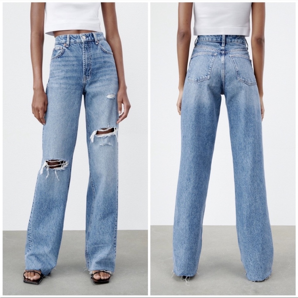 ZARA RIPPED WIDE LEG JEANS - BLUE